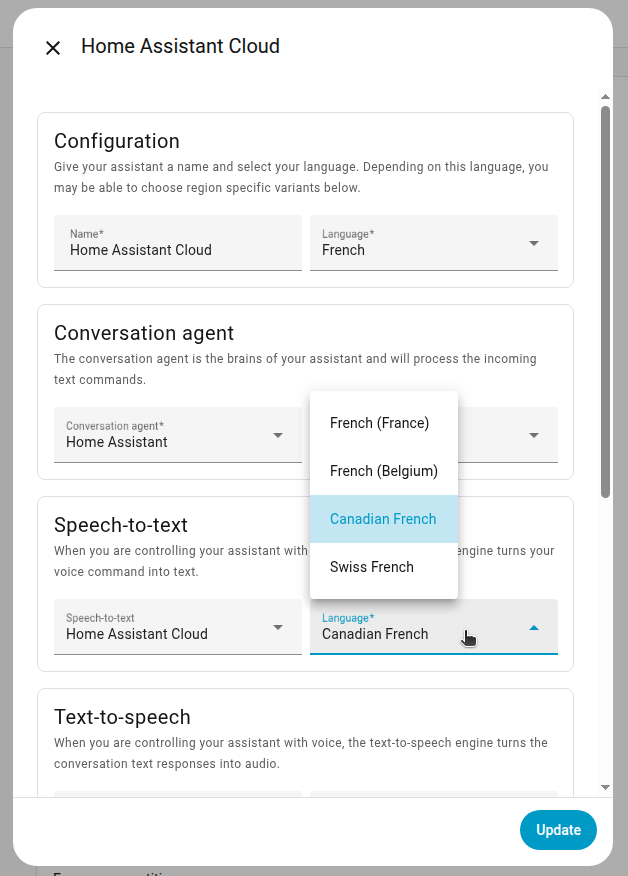 STT language selector in voice assistant dialog