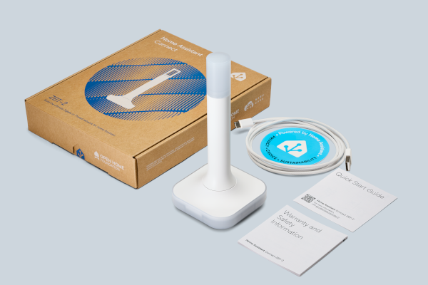 Image showing the Home Assistant Connect ZBT-2 with the USB extension cable in the original packaging