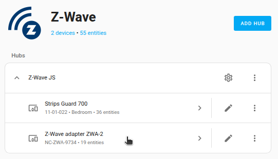 Screenshot showing the the Z-Wave integration page